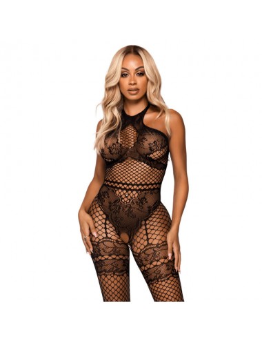 LEG AVENUE NET HALTER BODYSTOCKING ONE SIZE - BLACK