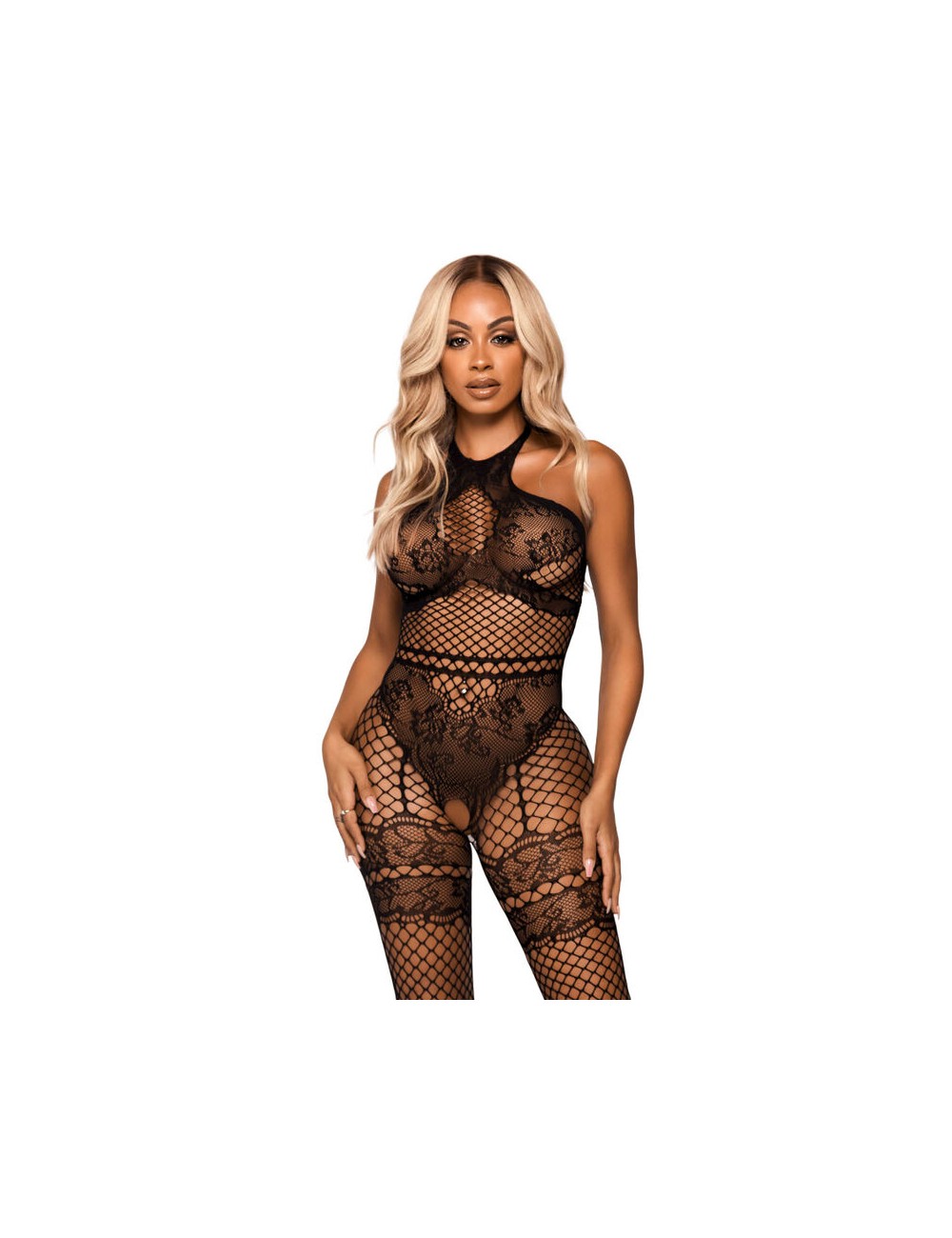 LEG AVENUE NET HALTER BODYSTOCKING ONE SIZE - BLACK