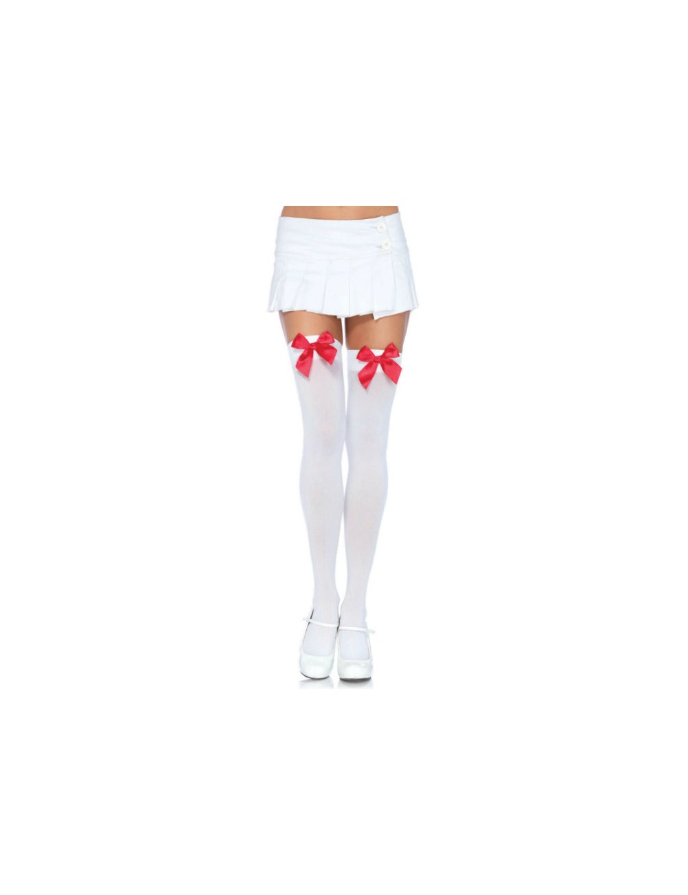 LEG AVENUE NYLON THIGH HIGHS WITH BOW WHITE / RED