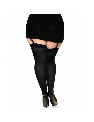 LEG AVENUE BLACK NYLON THIGH HIGHS WITH BLACK BOW PLUS SIZE
