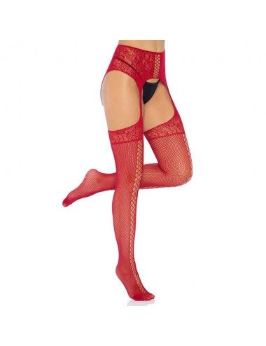 LEG AVENUE LACE UP GARTERBELT STOCKINGS - BURGUNDY ONE SIZE