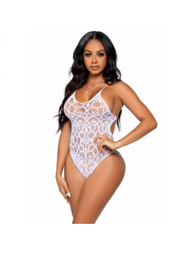 LEG AVENUE SEAMLESS SCROLL LACE TEDDY - WHITE