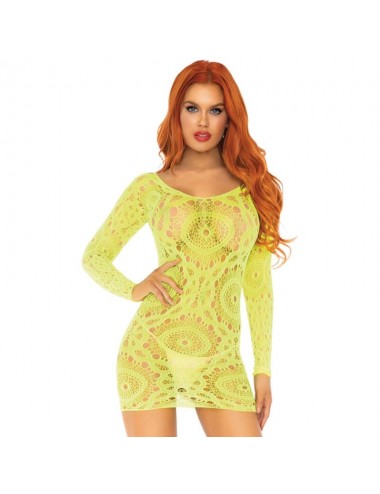 LEG AVENUE CROCHET LACE LONG SLEEVE MINI DRESS NEON ONE SIZE