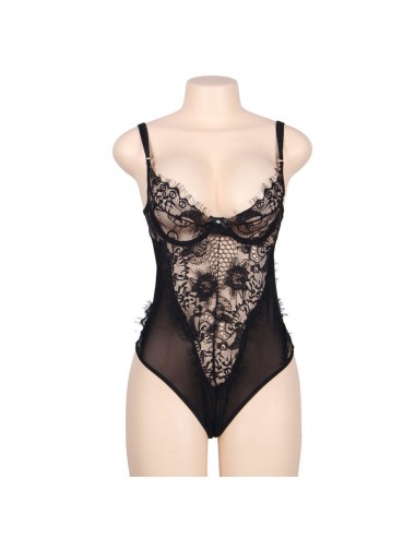SUBBLIME QUEEN PLUS FLORAL LACE AND FRINGED BLACK TEDDY