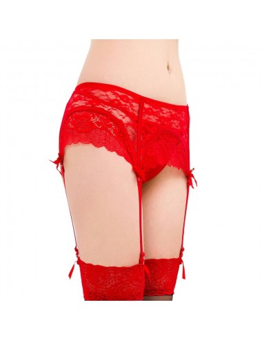 QUEEN LINGERIE THONG WITH LACE GARTER BELT - RED S/M