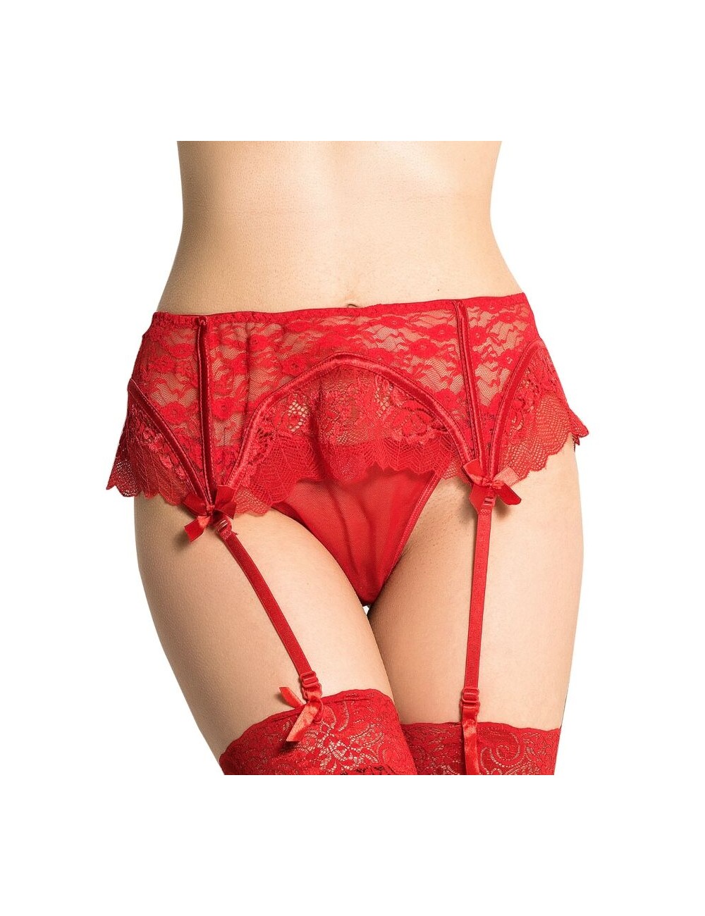 QUEEN LINGERIE THONG WITH LACE GARTER BELT - RED L/XL