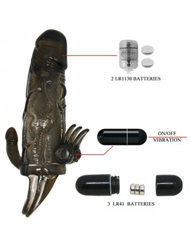 BRAVE MAN PENIS COVER WITH CLIT AND ANAL STIMULATION DOUBLE BULLET BLACK 16.5 CM