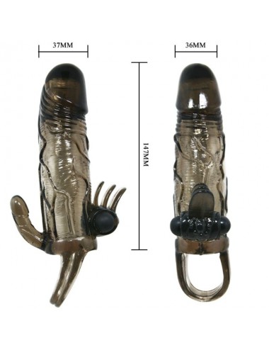 BRAVE MAN PENIS COVER WITH CLIT AND ANAL STIMULATION DOUBLE BULLET BLACK 16.5 CM