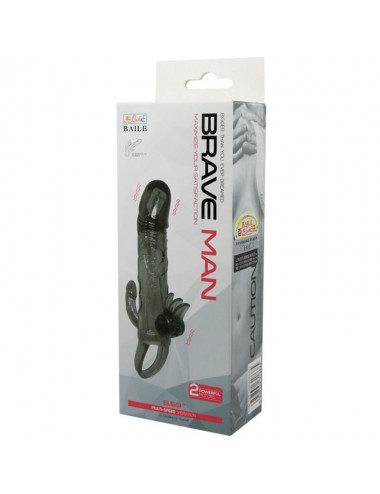 BRAVE MAN PENIS COVER WITH CLIT AND ANAL STIMULATION DOUBLE BULLET BLACK 16.5 CM