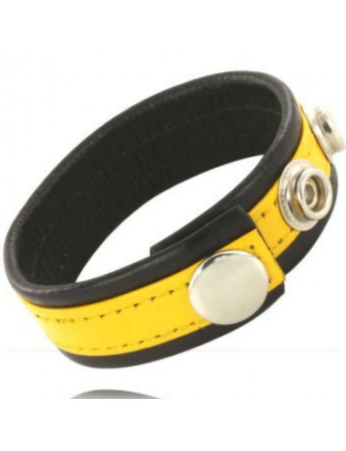 LEATHER BODY COCK AND BALL STRAP WITH SNAPS - BLACK AND YELLOW