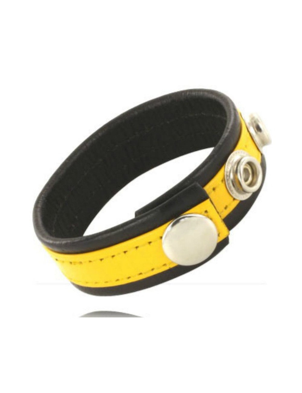 LEATHER BODY COCK AND BALL STRAP WITH SNAPS - BLACK AND YELLOW LEATHER BODY COCK AND BALL STRAP WITH SNAPS - BLACK AND YELLOW