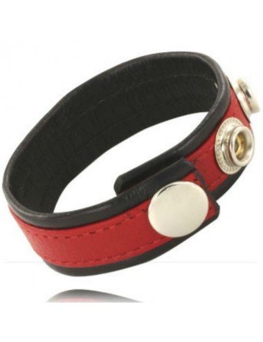 LEATHER BODY COCK AND BALL STRAP WITH SNAPS - BLACK AND RED