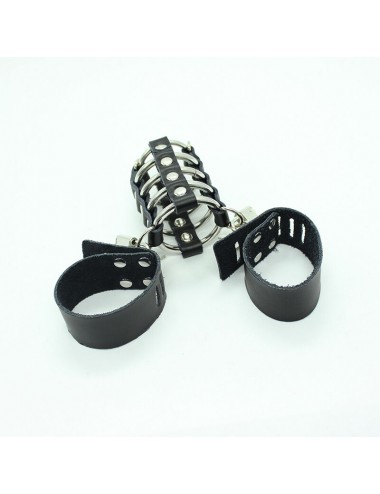 OHMAMA FETISH LEATHER STRAP METAL RING COCK CAGE WITH BALL DIVIDER