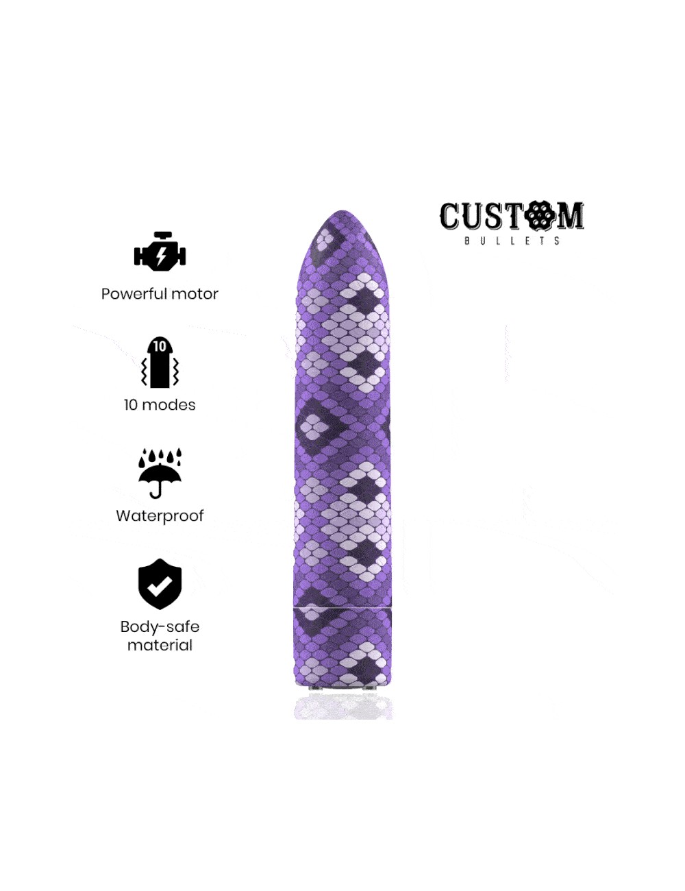 CUSTOM BULLETS RECHARGEABLE SNAKE PURPLE MAGNETIC BULLET 10 INTENSITIES CUSTOM BULLETS RECHARGEABLE SNAKE PURPLE MAGNETIC BULLET 10 INTENSITIES