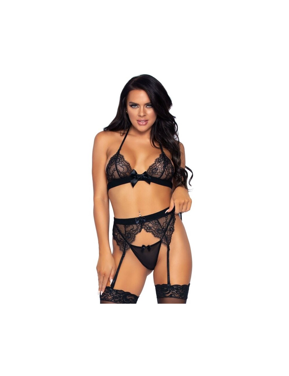 LEG AVENUE THREE PIECES SET TOP, GARTER BELT AND G-STRING L