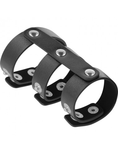 DARKNESS ADJUSTABLE LEATHER DOUBLE  PENIS AND TESTICLES RING