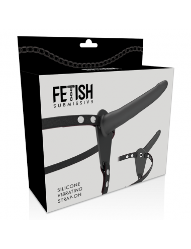 FETISH SUBMISSIVE SILICONE STRAP-ON VIBRATOR BLACK 15CM