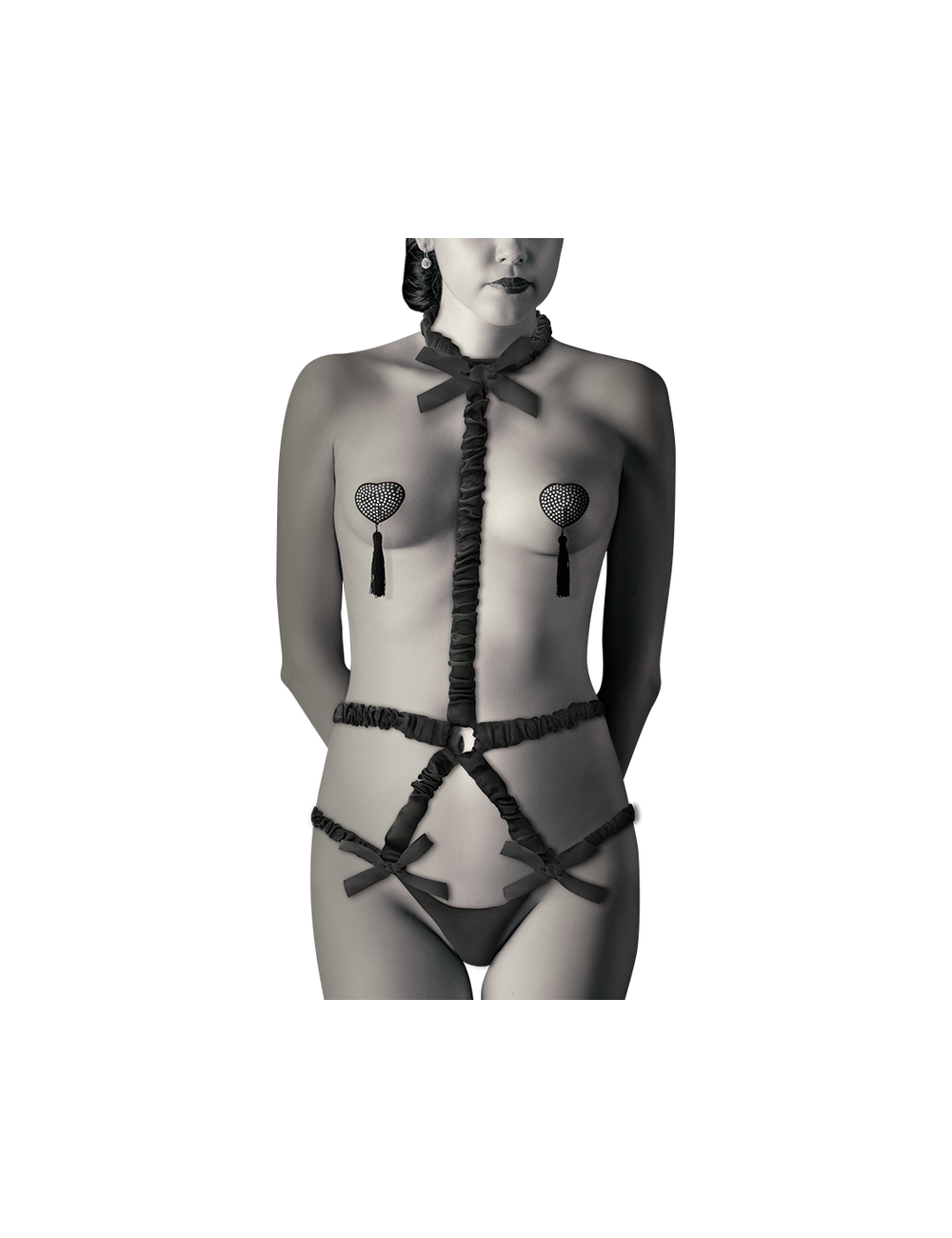 COQUETTE CHIC DESIRE ELASTIC HARNESS SET AND NIPPLE COVERS BLACK