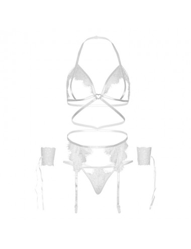 LEG AVENUE - FOUR PIECES SET BRA, G-STRING, GARTER BELT & WRIST CUFFS ONE SIZE - WHITE