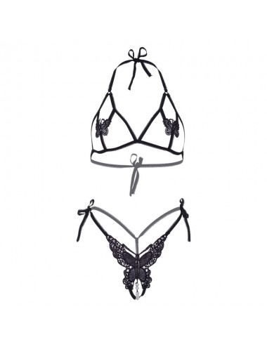 LEG AVENUE - TWO PIECES SET BRA AND PANTY OF BUTTERFLIES & PEARLS ONE SIZE - BLACK