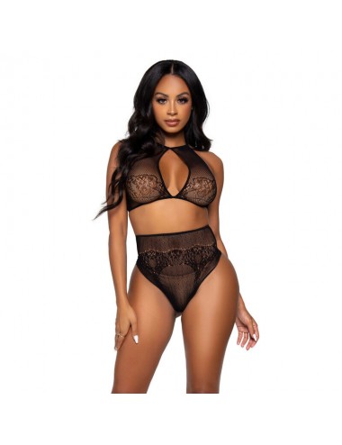 LEG AVENUE TWO PIECES SET HALTER CROP TOP & THONG PANTY PANTY ONE SIZE