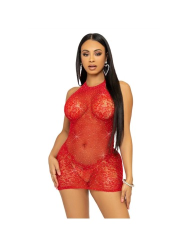 LEG AVENUE RHINESTONE HALTER MINI DRESS ONE SIZE - RED