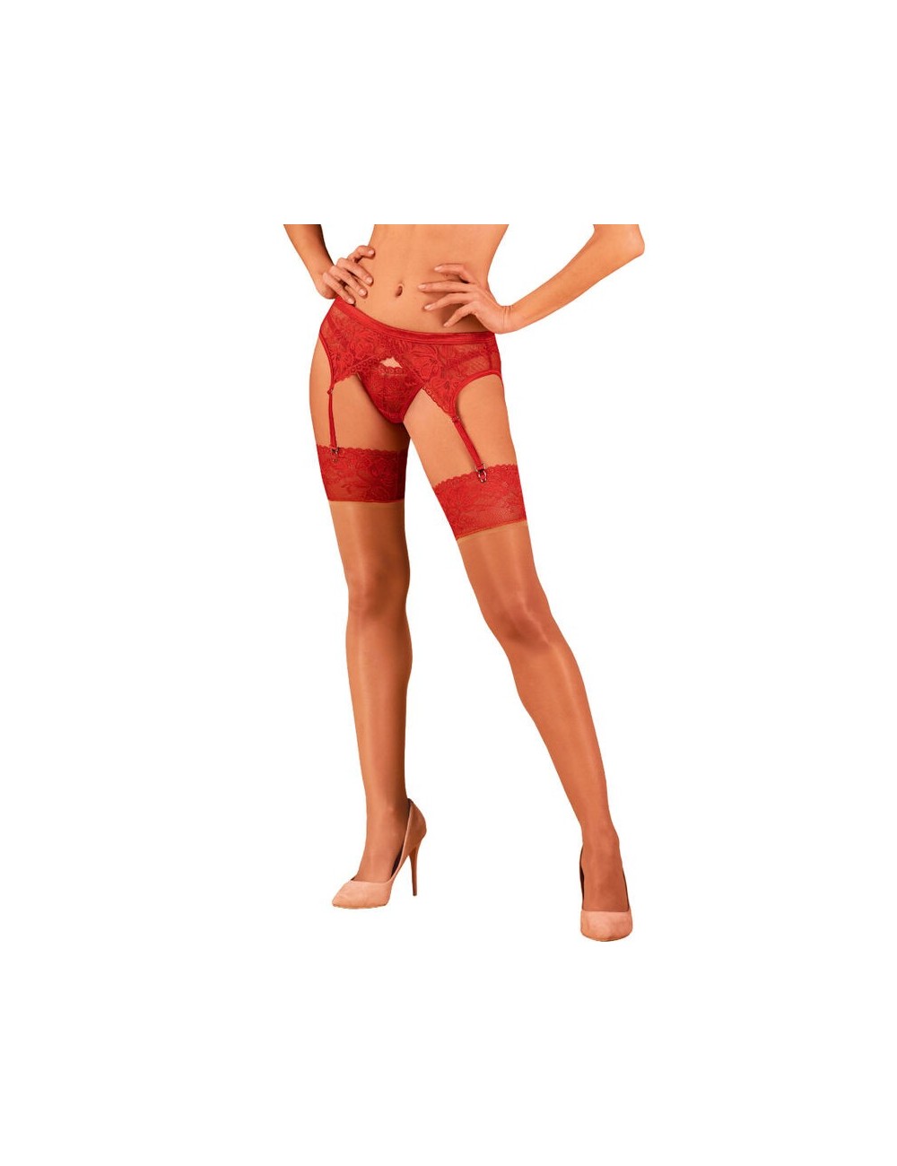 OBSESSIVE - LACELOVE STOCKINGS RED XS/S OBSESSIVE - LACELOVE STOCKINGS RED XS/S