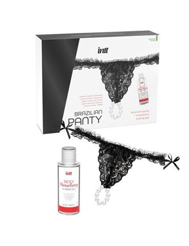 INTT - BRAZILIAN BLACK PANTY WITH PEARLS AND LUBRICANT GEL 50ML