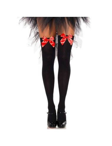 LEG AVENUE BLACK NYLON THIGH HIGHS WITH RED BOW ONE SIZE