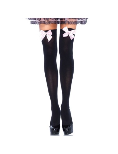 LEG AVENUE BLACK NYLON THIGH HIGHS WITH PINK BOW ONE SIZE
