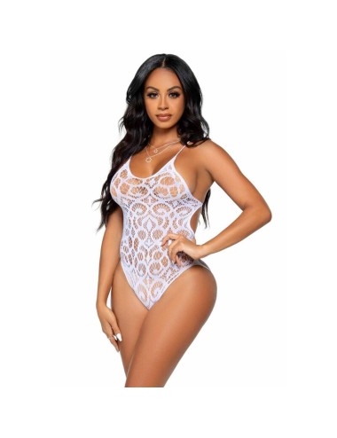 LEG AVENUE SEAMLESS SCROLL LACE TEDDY - WHITE