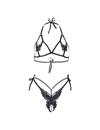 LEG AVENUE - TWO PIECES SET BRA AND PANTY OF BUTTERFLIES & PEARLS ONE SIZE - BLACK