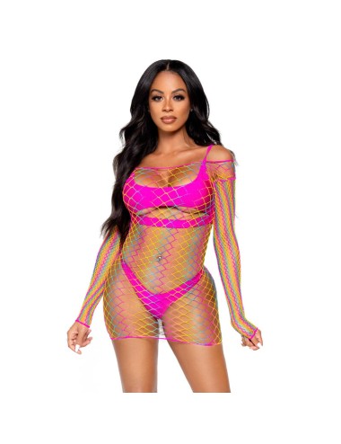 LEG AVENUE NET LONG SLEEVED MINI DRESS ONE SIZE - MULTICOLOR