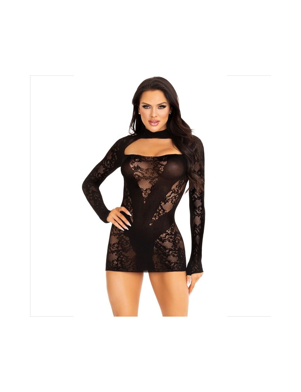 LEG AVENUE - MINI DRESS WITH LACE LONG SLEEVE BLACK