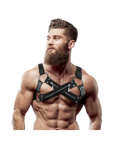 FETISH SUBMISSIVE ATTITUDE - ADJUSTABLE NEOPRENE CROSS-OVER CHEST BULLDOG HARNESS WITH ZIPPERS FOR MEN