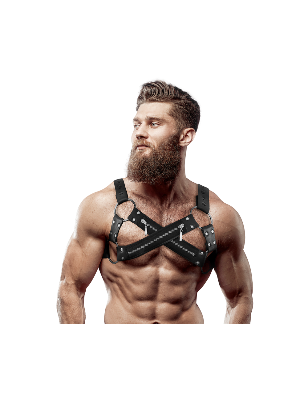 FETISH SUBMISSIVE ATTITUDE - ADJUSTABLE NEOPRENE CROSS-OVER CHEST BULLDOG HARNESS WITH ZIPPERS FOR MEN FETISH SUBMISSIVE ATTITUDE - ADJUSTABLE NEOPRENE CROSS-OVER CHEST BULLDOG HARNESS WITH ZIPPERS FOR MEN