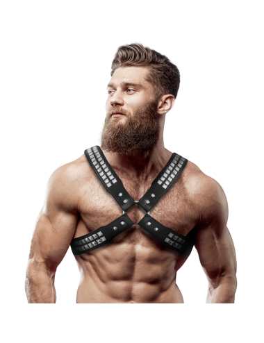 FETISH SUBMISSIVE ATTITUDE - MEN'S CROSSED CHEST ECO-LEATHER HARNESS WITH RIVETS