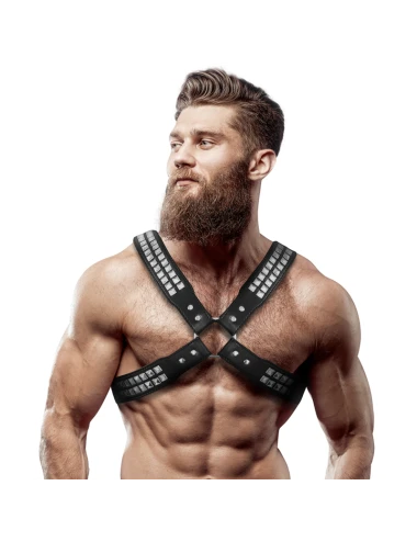 FETISH SUBMISSIVE ATTITUDE - MEN'S CROSSED CHEST ECO-LEATHER HARNESS WITH RIVETS