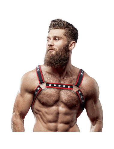 FETISH SUBMISSIVE ATTITUDE - MEN'S ECO-LEATHER CHEST BULLDOG HARNESS BLACK/RED