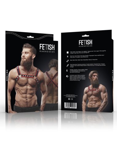 FETISH SUBMISSIVE ATTITUDE - MEN'S ECO-LEATHER CHEST BULLDOG HARNESS BLACK/RED