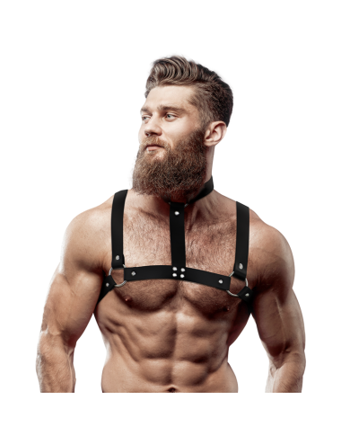FETISH SUBMISSIVE ATTITUDE - ADJUSTABLE ECO-LEATHER CHEST HARNESS WITH NECKLACE FOR MEN