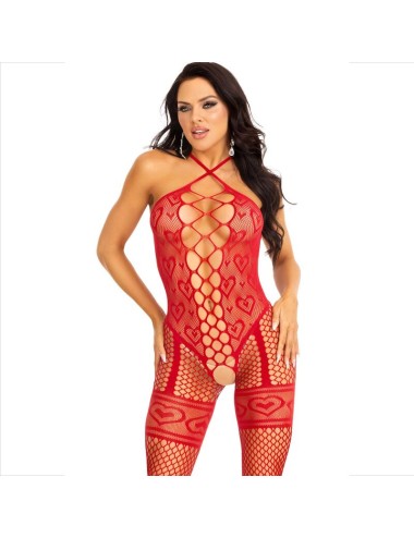 LEG AVENUE - BODYSTOCKING NECK HALTER RED HEARTS RED