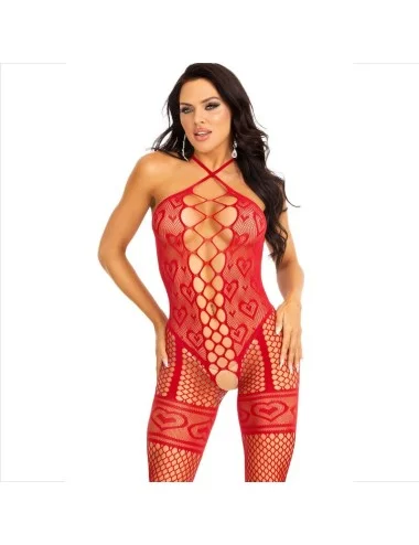 LEG AVENUE - BODYSTOCKING NECK HALTER RED HEARTS RED
