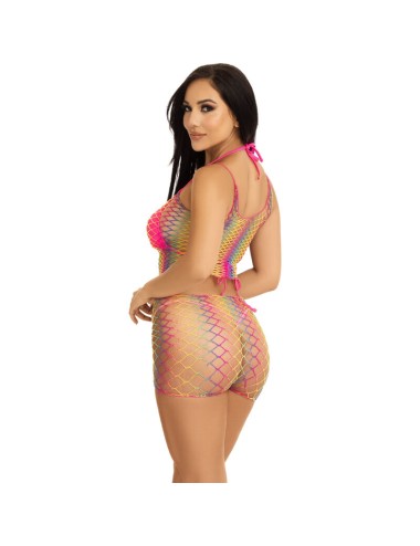 LEG AVENUE - SET TOP & PANTS FISHNET MULTICOLOR