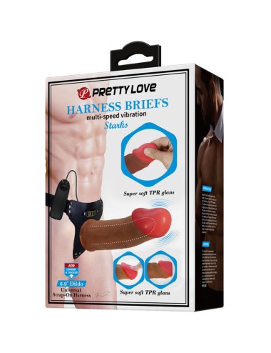 PRETTY LOVE - HARNESS BRIEFS STARKS MULTI-SPEED VIBRATION DILDO 17,5 CM LIGHT BROWN