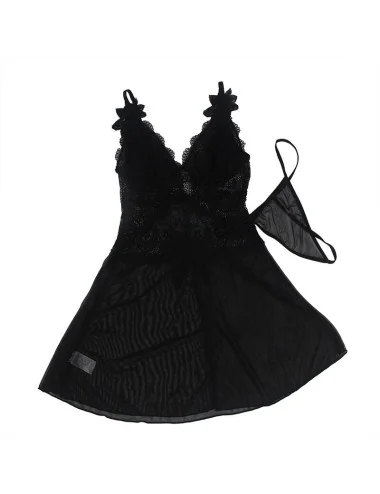SUBBLIME - BABYDOLL TULLE FABRIC WITH LACE AND FLOWER DETAIL BLACK S/M
