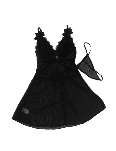 SUBBLIME - BABYDOLL TULLE FABRIC WITH LACE AND FLOWER DETAIL BLACK L/XL