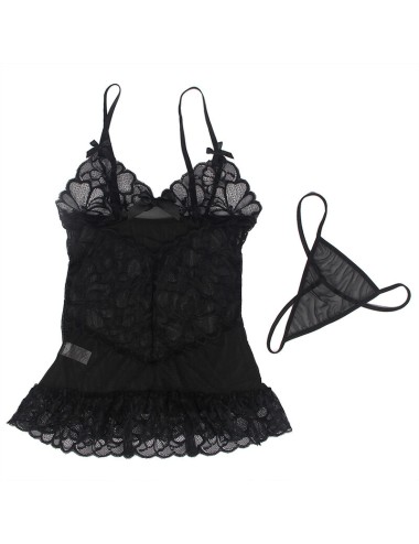 SUBBLIME - BABYDOLL WITH ADJUSTABLE STRAPS AND TRANSPARENT LACE FLORAL PRINT BLACK S/M