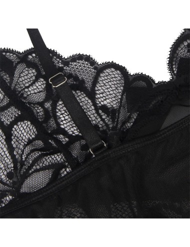 SUBBLIME - BABYDOLL WITH ADJUSTABLE STRAPS AND TRANSPARENT LACE FLORAL PRINT BLACK S/M