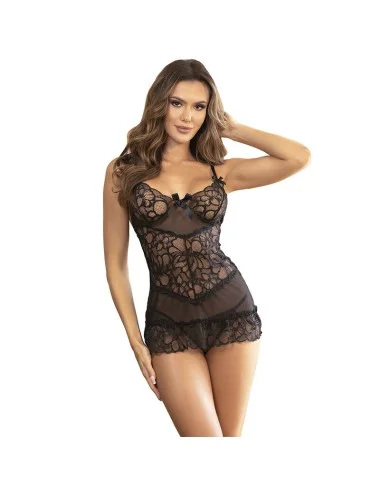 SUBBLIME - BABYDOLL WITH ADJUSTABLE STRAPS AND TRANSPARENT LACE FLORAL PRINT BLACK L/XL